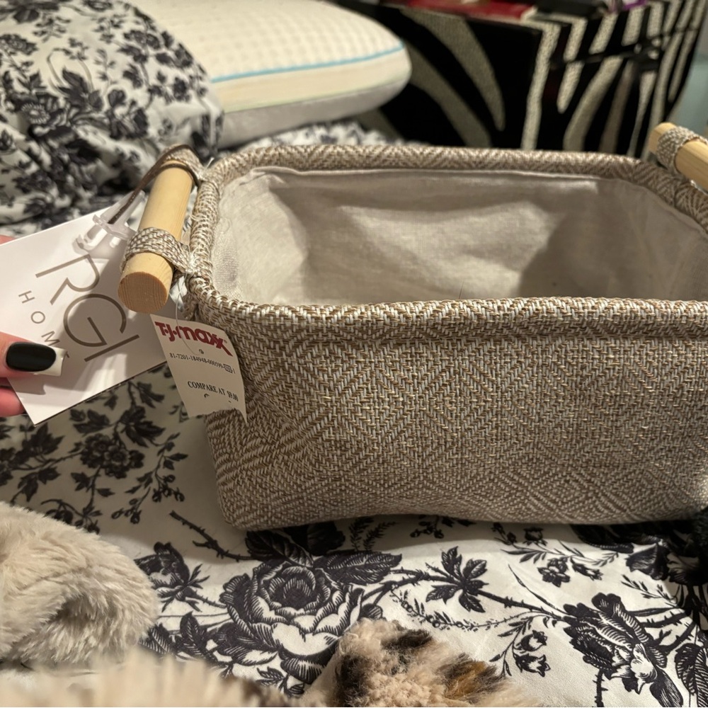 T.J.Maxx Textured Gray Storage Basket with Wooden Handles